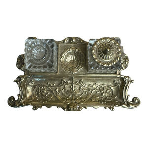 Vintage Art Nouveau Collectable Brass Glass Inkwells VGM Virginia Metalcrafters